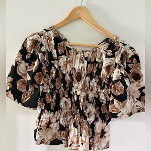 Rails Black and Brown Floral Smocked Blouse